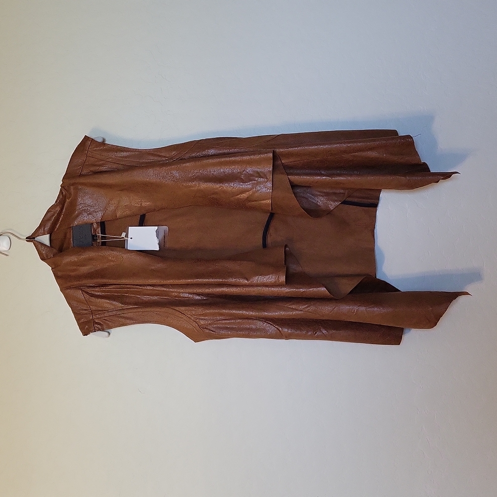 COMME USA Vegan Suede/Leather Brown Vest Waterfall Collar Open Front Size Large